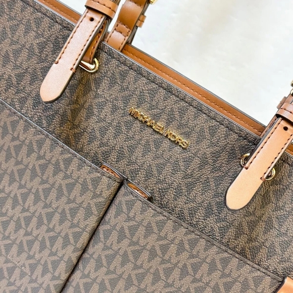 MICHAEL KORS JET SET TRAVEL MEDIUM DOUBLE POCKET TOTE SHOULDER BAG MK BROWN - Picture 5 of 6